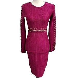 WOW GOLD LABEL Bandage Long Sleeve Dress Gold Chain Fuchsia Pink Women's Size S